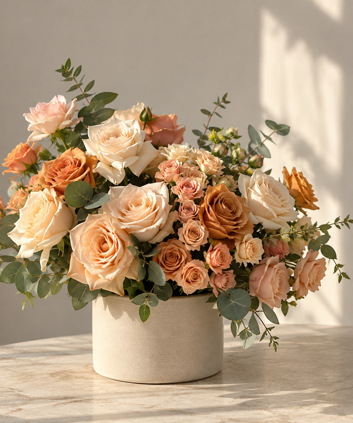 Amber Garden floral arrangement featuring champagne, peach, and caramel roses with delicate spray roses and eucalyptus in a neutral ceramic pot.