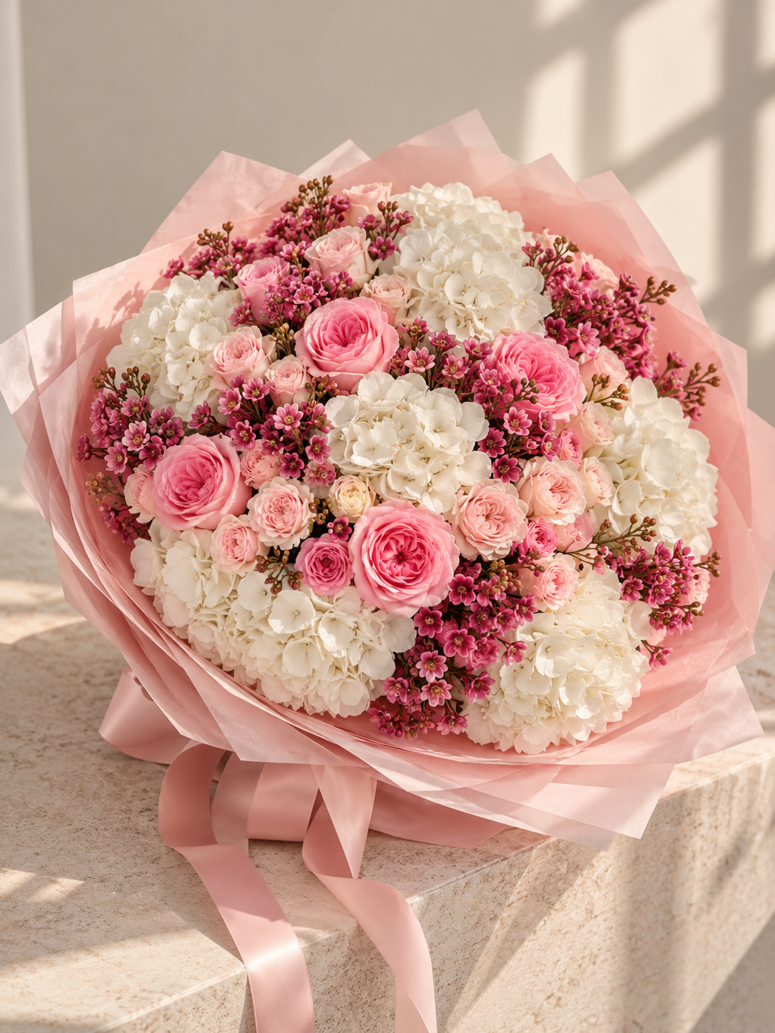 Romantic pink and white bouquet with pink roses, spray roses, white hydrangeas and small magenta accent flowers, wrapped in soft pink paper with a satin ribbon.