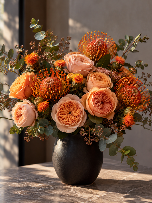 Peach garden roses, orange pincushion proteas, seasonal orange flowers, and eucalyptus arranged in a black ceramic vase by Bloommood.