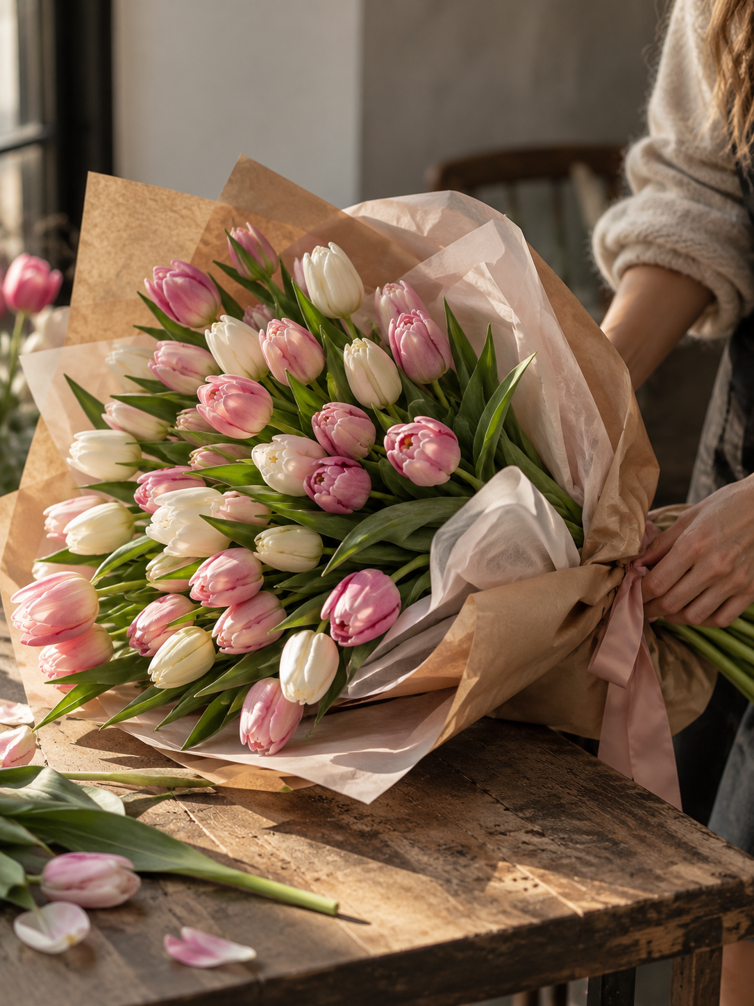 Premium bouquet of pink and white tulips wrapped in soft blush paper, being hand-tied with a satin ribbon at a florist's worktable.