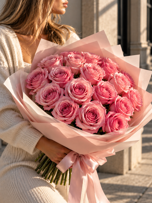Hand-tied bouquet of 18 pink roses wrapped in soft blush paper with a satin ribbon, held by a woman in natural sunlight.