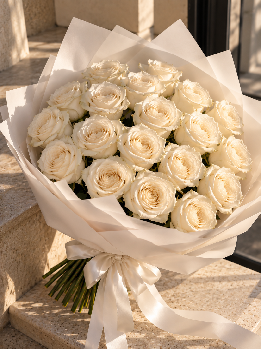 Elegant bouquet of 18 white roses wrapped in ivory paper with a satin ribbon, photographed in warm natural sunlight.