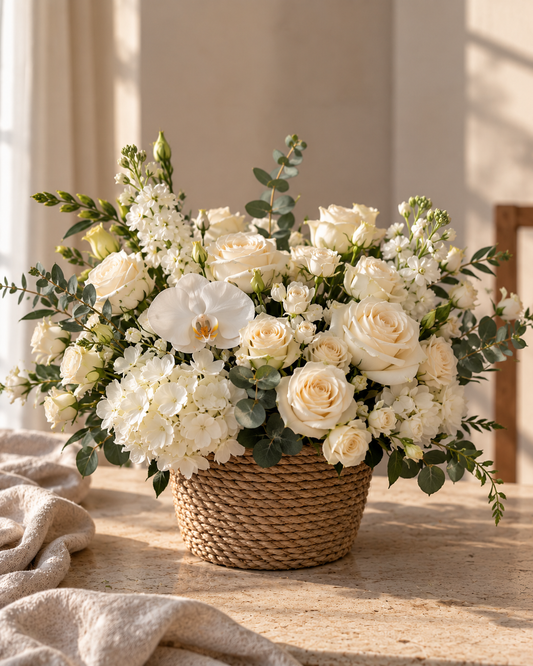 Elegant white and ivory flower arrangement with roses, hydrangeas, a white orchid and eucalyptus in a natural woven basket on a sunlit stone table.