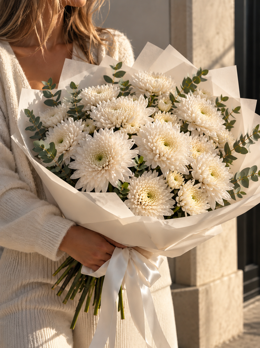 Hand-tied bouquet of pink chrysanthemums with medium-sized blooms, wrapped in soft blush paper and finished with a satin ribbon.