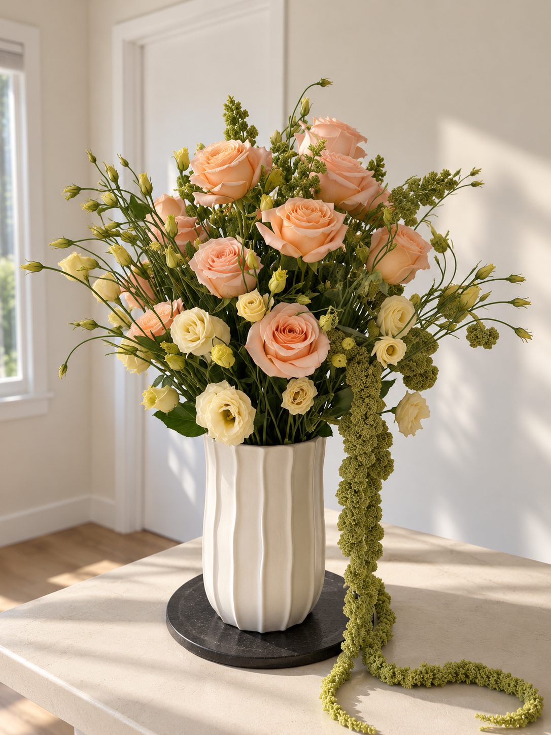 Peach Cascade floral arrangement featuring soft peach roses, cream lisianthus, seasonal greenery, and cascading green amaranthus in a tall white ceramic vase.