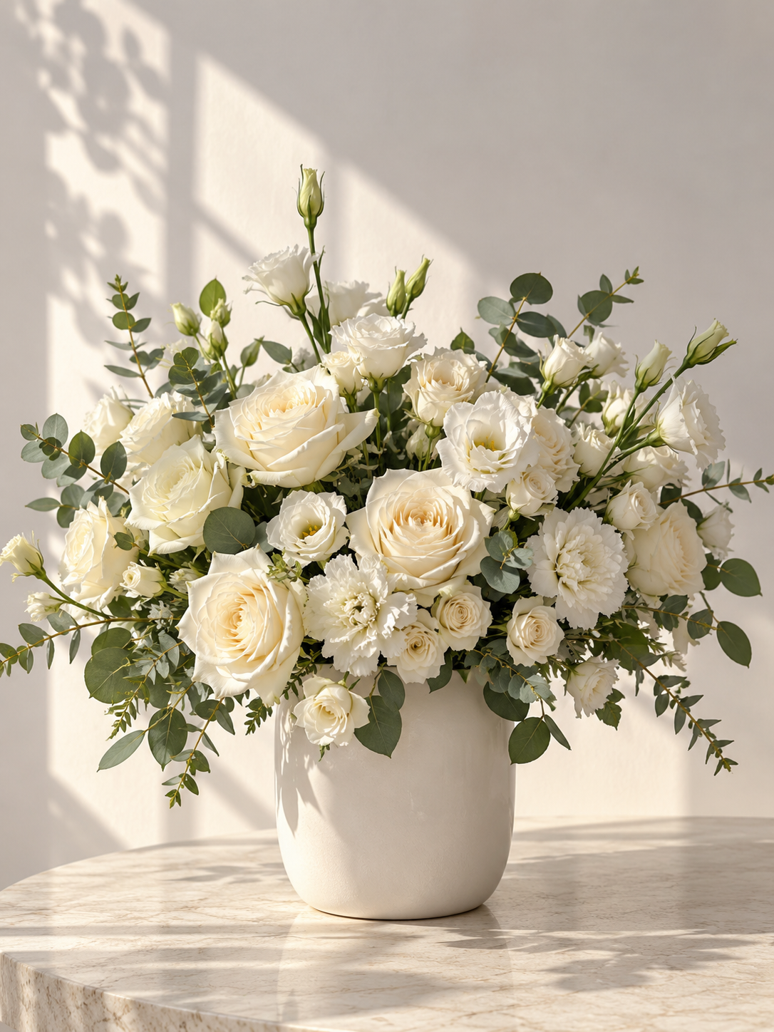 Pure white floral arrangement with ivory roses, white spray roses, carnations, lisianthus, and eucalyptus in a matte ceramic vase by Bloommood Los Angeles.