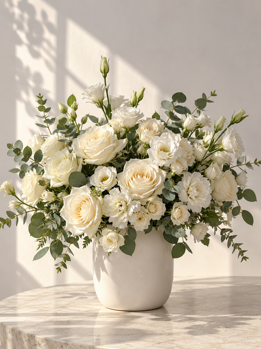 Pure white floral arrangement with ivory roses, white spray roses, carnations, lisianthus, and eucalyptus in a matte ceramic vase by Bloommood Los Angeles.