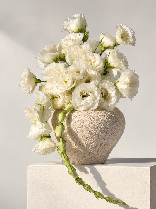 Ivory Grace arrangement featuring white lisianthus flowers with delicate ruffled petals and natural buds in a textured beige ceramic vase.