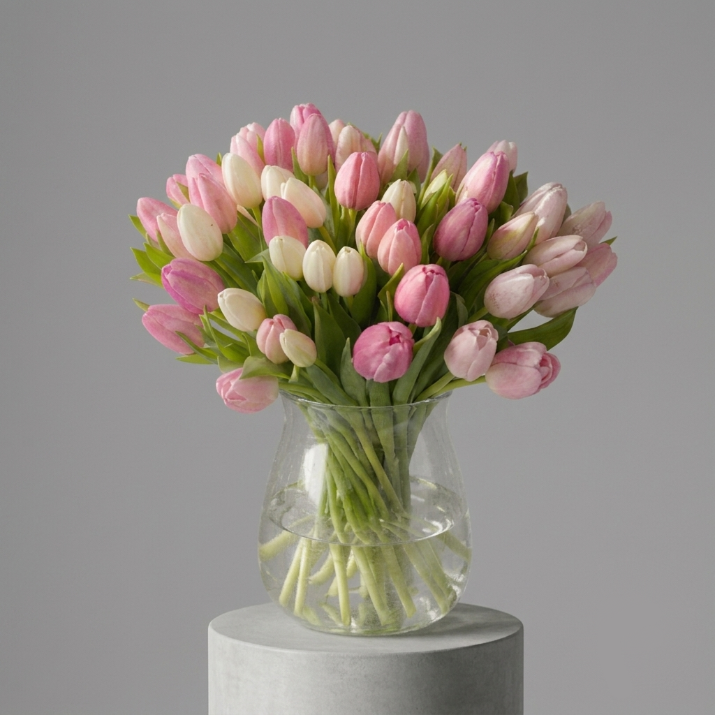 Tulip Crush arrangement of mixed pastel pink, lavender, peach, and apricot tulips in a clear glass vase with Bloommood signature ribbons.