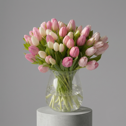 Tulip Crush arrangement of mixed pastel pink, lavender, peach, and apricot tulips in a clear glass vase with Bloommood signature ribbons.