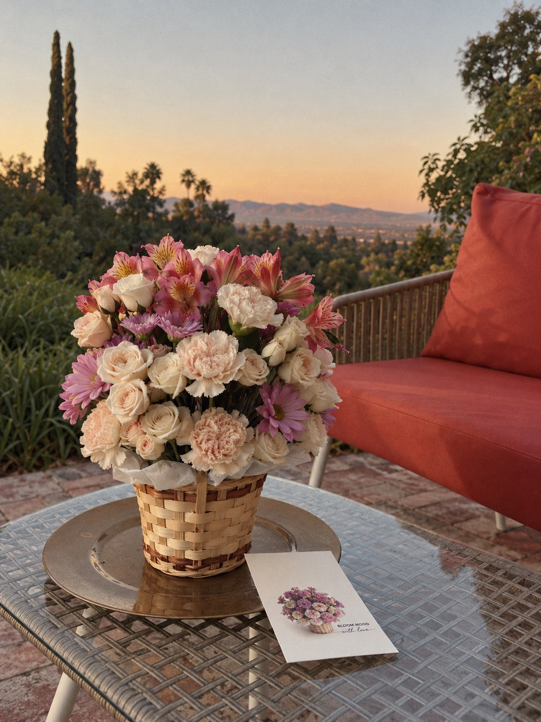 Pastel flower basket with cream spray roses, blush pink carnations, peach alstroemeria, and lavender chrysanthemums, handcrafted by Bloommood.