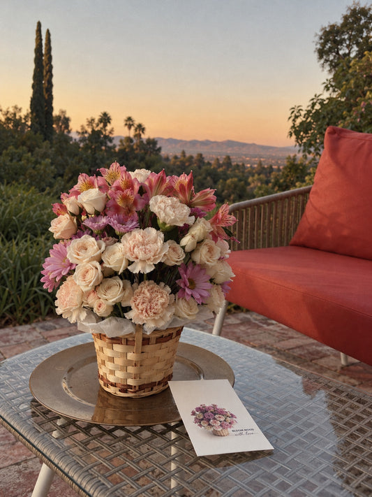 Pastel flower basket with cream spray roses, blush pink carnations, peach alstroemeria, and lavender chrysanthemums, handcrafted by Bloommood.