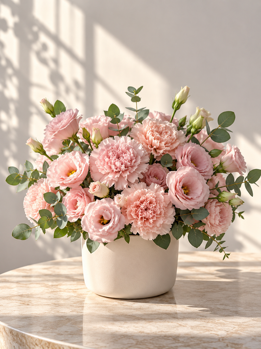 Blush Mini floral arrangement featuring soft pink carnations, delicate pink lisianthus, and fresh eucalyptus in a cream ceramic pot. Handcrafted by Bloommood Los Angeles.